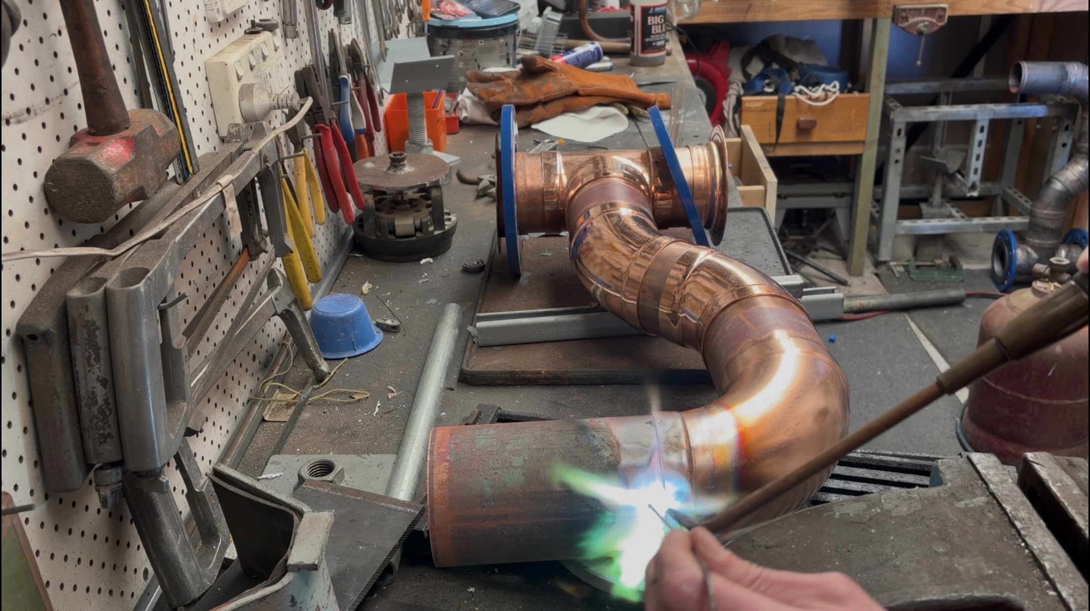 silver brazing 100mm copper in a work shop